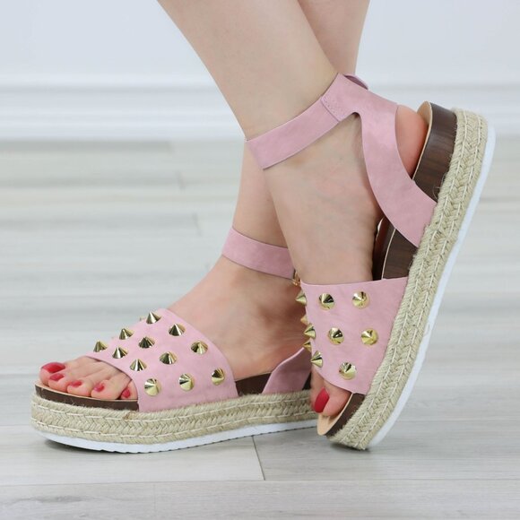 Pink Platform Espadrille Sandals Gold Studded Ankle Strap Open Toe - Picture 4 of 13